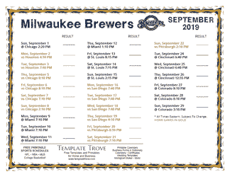 September 2019 Milwaukee Brewers Printable Schedule