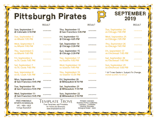 September 2019 Pittsburgh Pirates Printable Schedule