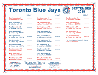 September 2019 Toronto Blue Jays Printable Schedule