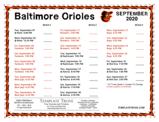 September 2020 Baltimore Orioles Printable Schedule