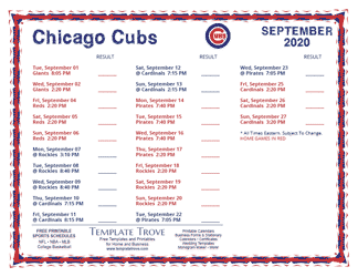 September 2020 Chicago Cubs Printable Schedule