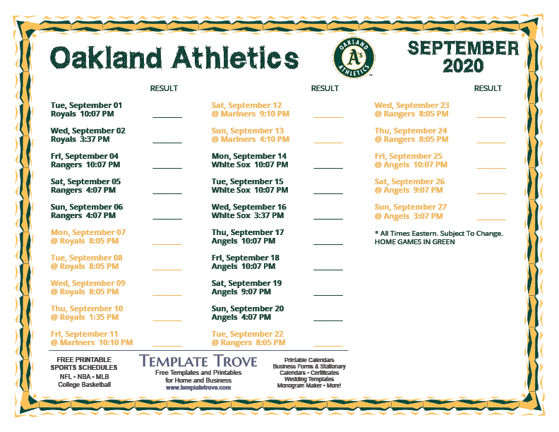 Printable 2020 Oakland Athletics Schedule