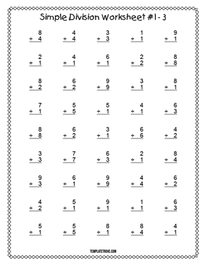 Printable Simple Division Worksheet #1-3