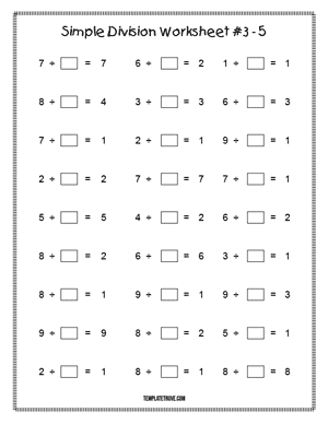Printable Simple Division Worksheet #3-5