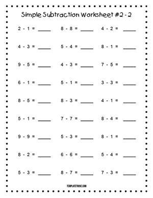 Printable Simple Subtraction Worksheet #2-2