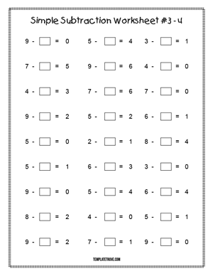 Printable Simple Subtraction Worksheet #3-4