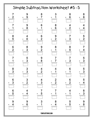 Printable Simple Subtraction Worksheet #5-5